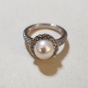 Cultured Pearl White Topaz Halo Ring 925 Size 7
